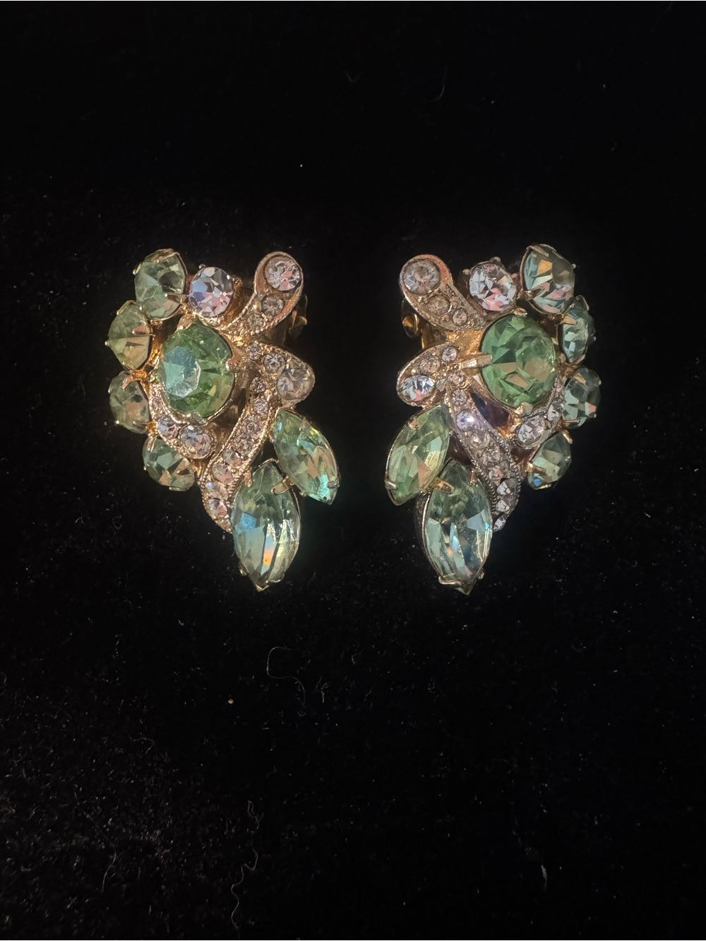 Vintage Eisenberg Signed Cluster Green & Clear Rhinestone Clip-On Earrings